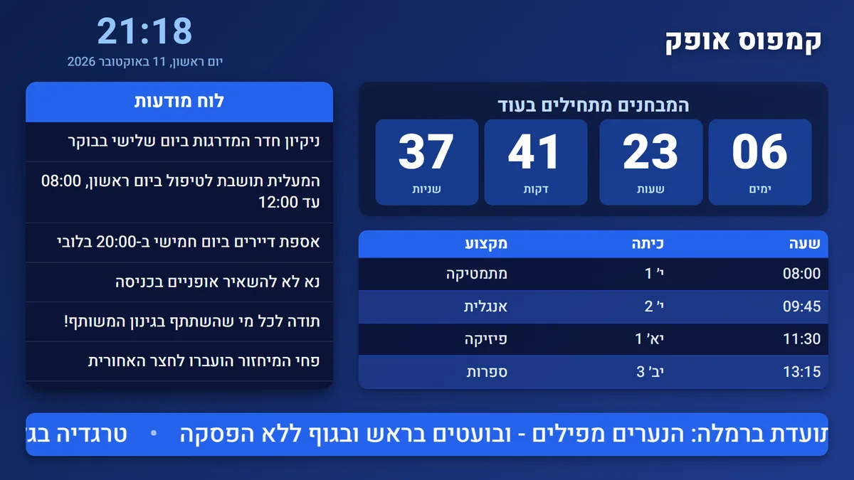 מסך שילוט דיגיטלי בקמפוס: לוח מודעות, ספירה לאחור למבחנים, מערכת שעות וחדשות, בתבנית Moon LED